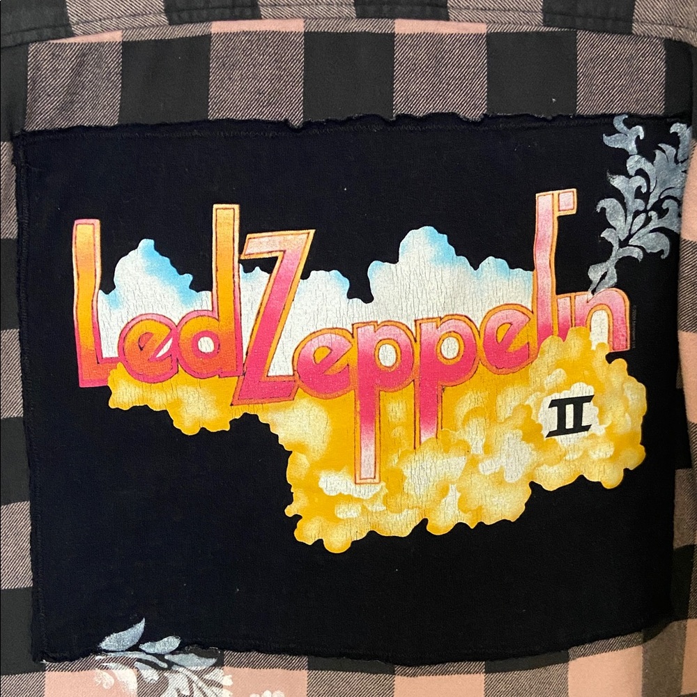 American Eagle Upcycled Flannel Led Zeppelin Patch Shirt Denim Pocket Large - Picture 8 of 13